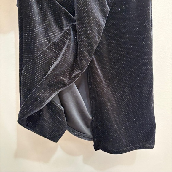 Dynamite Black Sparkly Velvet Midi Dress Faux Wrap Style Ruffle w Slit - Small - Picture 9 of 15
